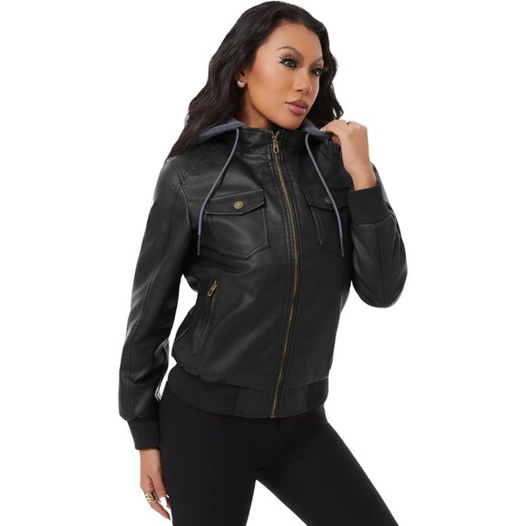 Women Black Faux Leather Waterproof Motorcycle Bomber Biker Jacket - Picture 2 of 8